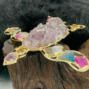 Handcrafted Tumbaga, Gemstone, and Quartz Sea Turtle Artisanal Art Decor